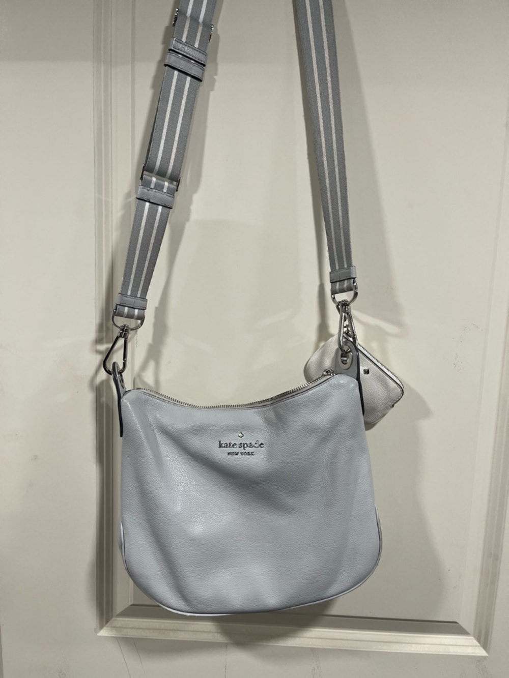 kate spade Light Blue Leather Crossbody Bag with Striped Strap